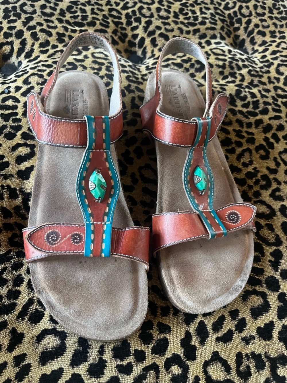 Spring Step L'artiste Southwest Aztec Turquoise Stone Leather Sandals SZ 11